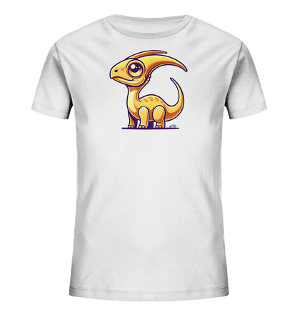 Onlineshop Shirts fuer Kinder - Das Bild zeigt ein weisses Kinder-T-Shirt mit einem niedlichen, cartoonhaften Dinosaurier-Motiv auf der Vorderseite. Der orange-gelbe Dinosaurier sitzt in einer freundlichen Pose, gekennzeichnet durch einen markanten Kopfkamm und grosse, ausdrucksstarke Augen. Kleine orange Punkte schmuecken seinen Koerper und seinen Schwanz. Das Design hat eine lila Schattenlinie am unteren Rand.