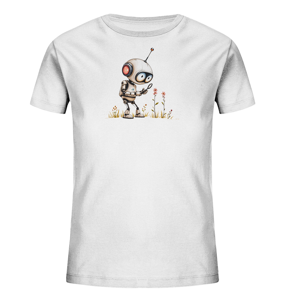 Onlineshop Shirts für Kinder - Das Bild zeigt ein weißes T-Shirt für Kinder. Auf der Vorderseite ist eine bunte Grafik abgebildet, die einen kleinen, cartoonartigen Roboter darstellt. Der Roboter steht im Gras und betrachtet mit einer Lupe zwei rosafarbene Blumen. Das Design ist mittig auf dem Shirt platziert und vermittelt eine neugierige und freundliche Stimmung.