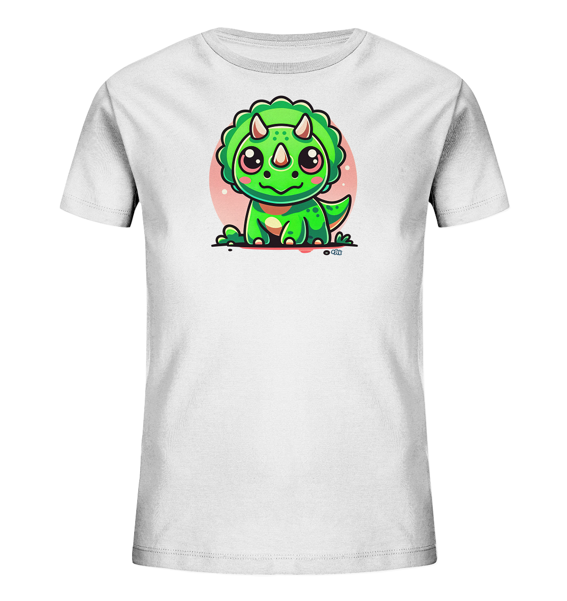 Onlineshop Shirts fuer Kinder - Dieses weisse Kinder-T-Shirt zeigt eine niedliche, cartoonhafte Illustration eines gruenen Triceratops-Dinosauriers. Der kleine Dino sitzt mit grossen Augen und pinken Wangen. Dahinter befindet sich ein blasser rosa Kreis. Ein lustiges Motiv fuer kleine Dinosaurier-Fans.