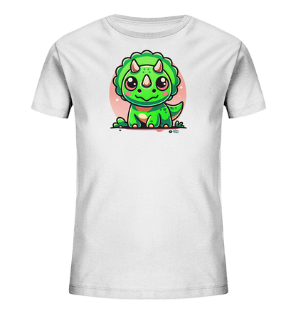 Onlineshop Shirts fuer Kinder - Dieses weisse Kinder-T-Shirt zeigt eine niedliche, cartoonhafte Illustration eines gruenen Triceratops-Dinosauriers. Der kleine Dino sitzt mit grossen Augen und pinken Wangen. Dahinter befindet sich ein blasser rosa Kreis. Ein lustiges Motiv fuer kleine Dinosaurier-Fans.