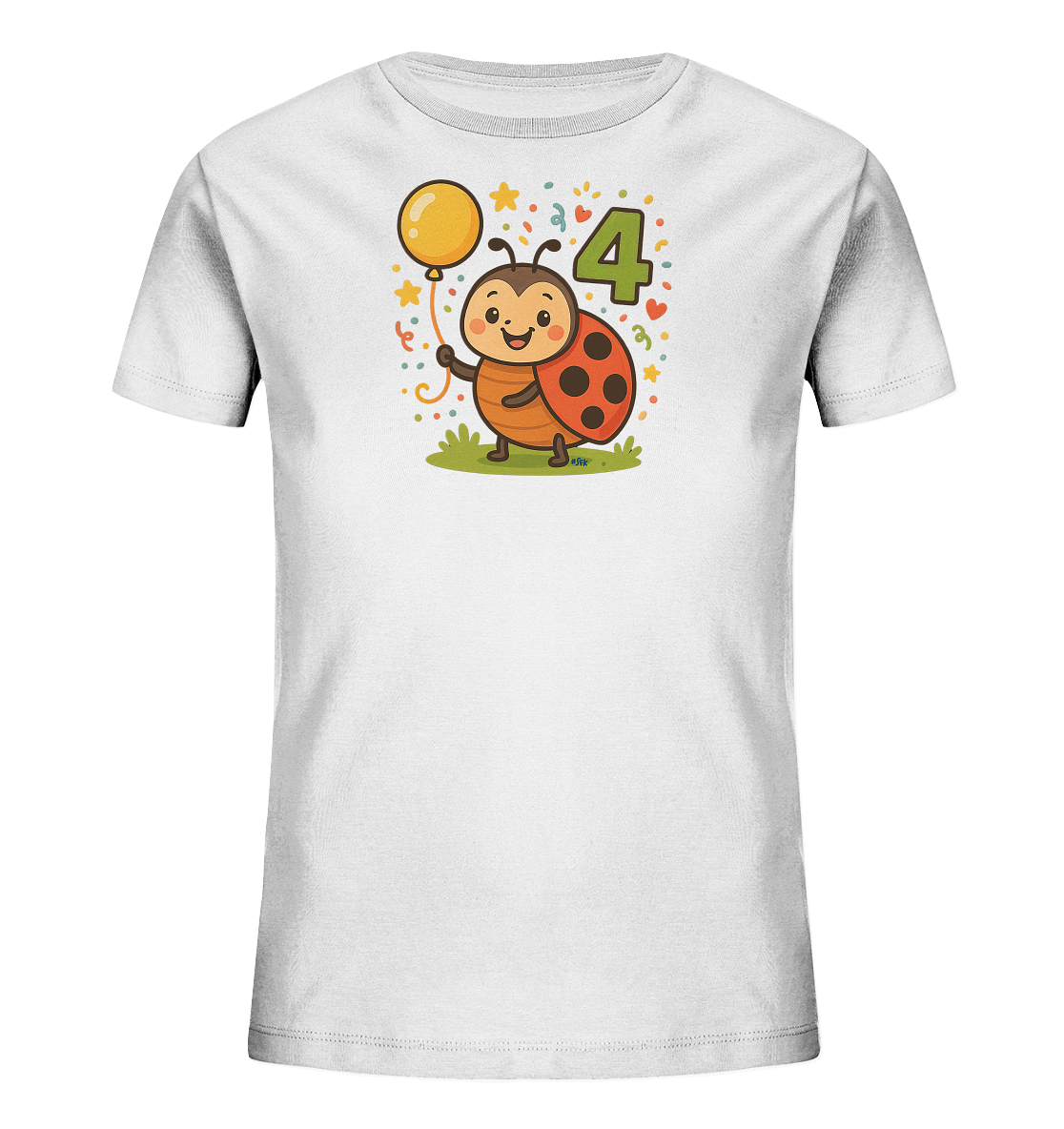 Onlineshop Shirts fuer Kinder - Das Bild zeigt ein weisses Kinder-T-Shirt mit einem farbenfrohen Motiv auf der Vorderseite. Eine niedliche Cartoon-Marienkaefer-Figur haelt einen gelben Ballon. Neben dem Marienkaefer ist die Zahl '4' in Gruen abgebildet, umgeben von kleinen Sternen und Konfetti. Das Design wirkt froehlich und verspielt, ideal fuer einen besonderen Anlass.