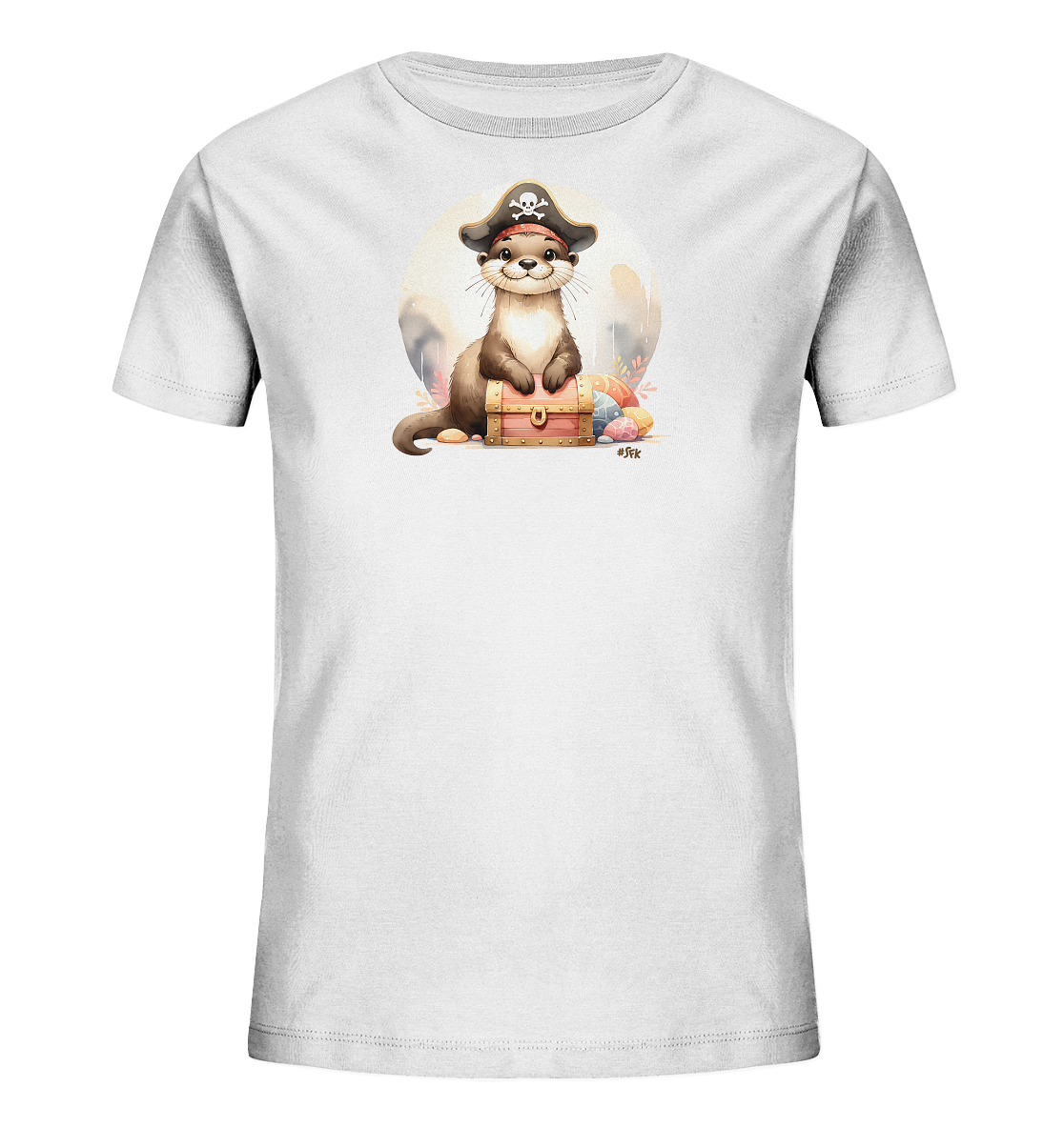 Onlineshop Shirts fuer Kinder - Das Bild zeigt ein weisses Kinder-T-Shirt mit einem verspielten Aufdruck. Zu sehen ist ein niedlicher Otter mit einem Piratenhut, der auf einer kleinen Schatzkiste sitzt. Bunte Eier und florale Elemente umrahmen die Szene, waehrend ein sanfter Lichtkreis den Hintergrund bildet. Der Aufdruck wirkt froehlich und detailreich gestaltet.