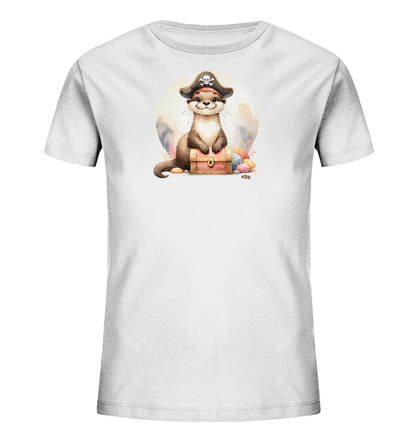 Onlineshop Shirts fuer Kinder - Das Bild zeigt ein weisses Kinder-T-Shirt mit einem verspielten Aufdruck. Zu sehen ist ein niedlicher Otter mit einem Piratenhut, der auf einer kleinen Schatzkiste sitzt. Bunte Eier und florale Elemente umrahmen die Szene, waehrend ein sanfter Lichtkreis den Hintergrund bildet. Der Aufdruck wirkt froehlich und detailreich gestaltet.