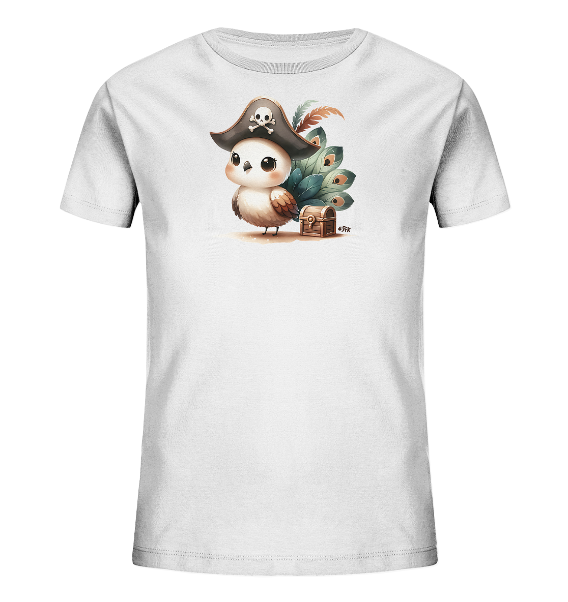Onlineshop Shirts fuer Kinder - Das Bild zeigt ein weisses Kinder-T-Shirt mit einem charmanten Aufdruck eines kleinen Vogels im Piraten-Look. Der Vogel traegt einen Piratenhut mit Totenkopfmotiv und steht neben einer kleinen Schatztruhe. Grosse, blattaehnliche Federn sind hinter ihm arrangiert. Das Design wirkt freundlich und abenteuerlich.