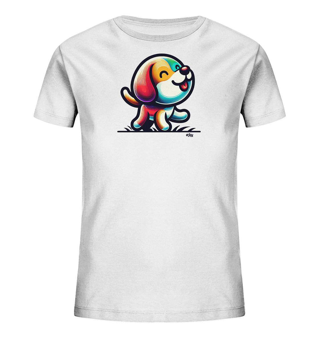 Onlineshop Shirts fuer Kinder - Das Bild zeigt ein weisses T-Shirt fuer Kinder mit einer farbenfrohen, stilisierten Illustration eines froehlichen Hundes. Der cartoonartige Hund laeuft mit erhobener Pfote und einem breiten Laecheln ueber stilisiertes Gras. Das Design zeichnet sich durch lebendige, geschichtete Farben aus, die dem Hund ein dynamisches Aussehen verleihen. Es ist ein ansprechendes Motiv fuer Kinderkleidung.