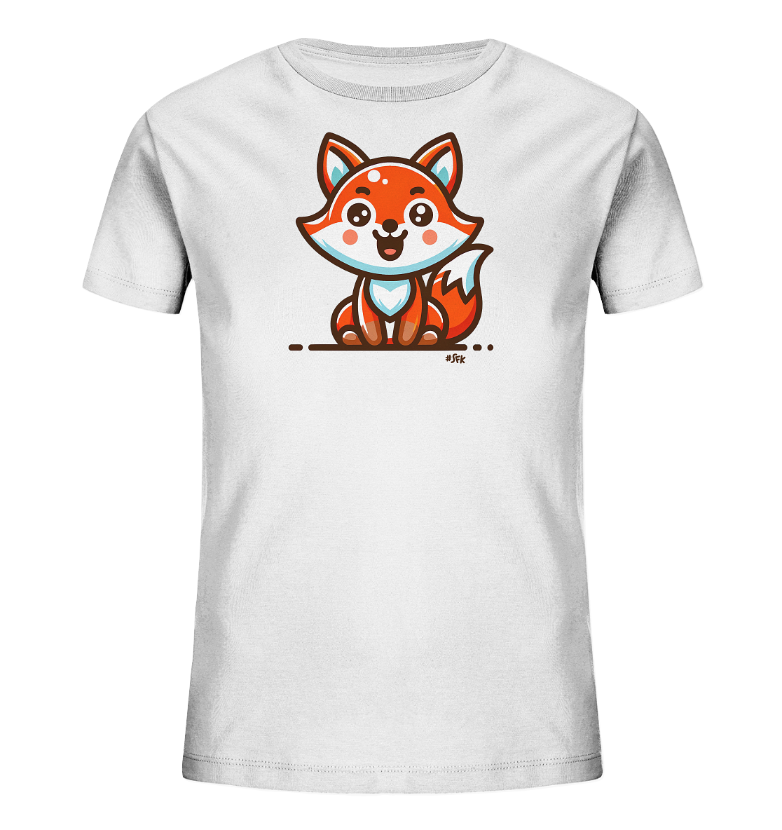 Onlineshop Shirts fuer Kinder - Das Bild zeigt ein weisses T-Shirt fuer Kinder mit einer farbenfrohen Cartoon-Illustration eines Fuchses auf der Vorderseite. Der Fuchs sitzt laechelnd auf dem Boden und ist in orange und weissen Toenen dargestellt. Das Design wirkt freundlich und verspielt mit einfachen Details. Es ist eine ansprechende Grafik fuer Kinderbekleidung.