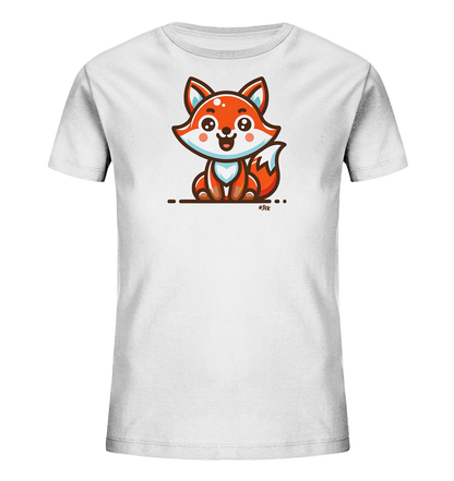 Onlineshop Shirts fuer Kinder - Das Bild zeigt ein weisses T-Shirt fuer Kinder mit einer farbenfrohen Cartoon-Illustration eines Fuchses auf der Vorderseite. Der Fuchs sitzt laechelnd auf dem Boden und ist in orange und weissen Toenen dargestellt. Das Design wirkt freundlich und verspielt mit einfachen Details. Es ist eine ansprechende Grafik fuer Kinderbekleidung.