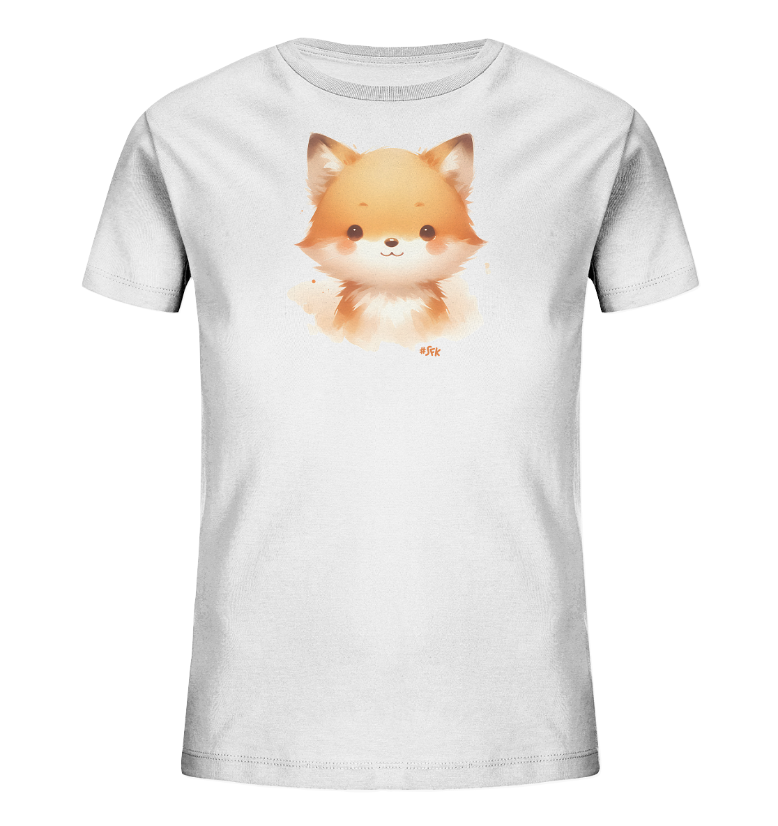 Onlineshop Shirts fuer Kinder - Das Bild zeigt ein weisses T-Shirt fuer Kinder, das auf der Vorderseite ein suesses Fuchsgesicht im Cartoon-Stil zeigt. Der Fuchs hat grosse Augen, spitze Ohren und ein freundliches Laecheln. Die Grafik ist in warmen Orange- und Brauntoenen gehalten und wirkt wie eine Aquarellzeichnung. Es ist ein verspieltes Design, das gut fuer Kinderkleidung geeignet ist.