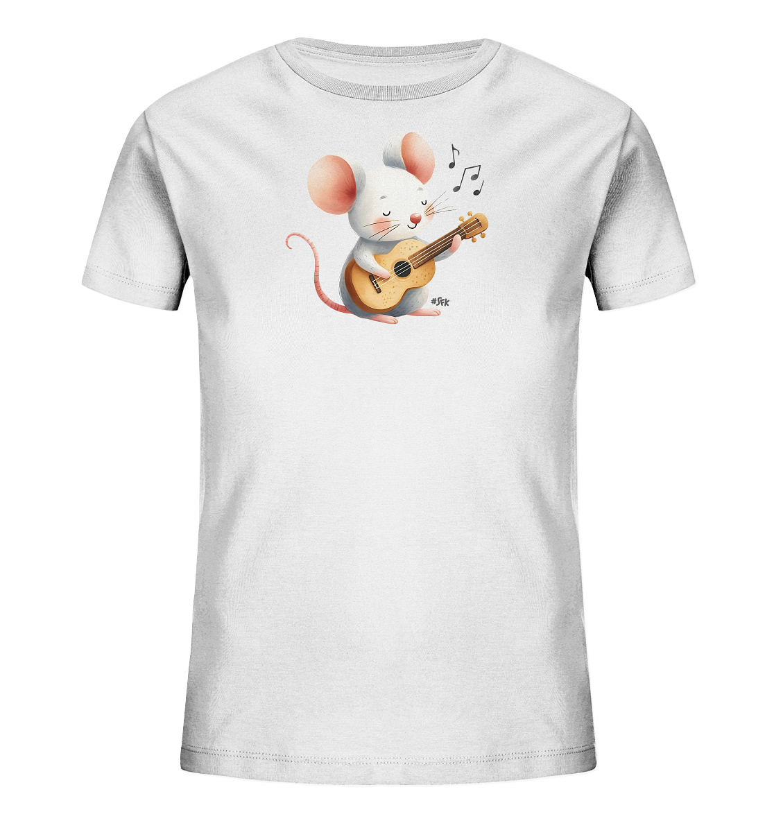 Onlineshop Shirts für Kinder - Das Bild zeigt ein weißes T-Shirt für Kinder, bedruckt mit einer niedlichen Cartoon-Illustration einer weißen Maus. Die Maus sitzt aufrecht und spielt lächelnd auf einer kleinen Ukulele. Über der Maus schweben musikalische Noten, die anzeigen, dass sie musiziert. Das Design ist verspielt und freundlich gestaltet, passend für ein Kinder-Shirt.