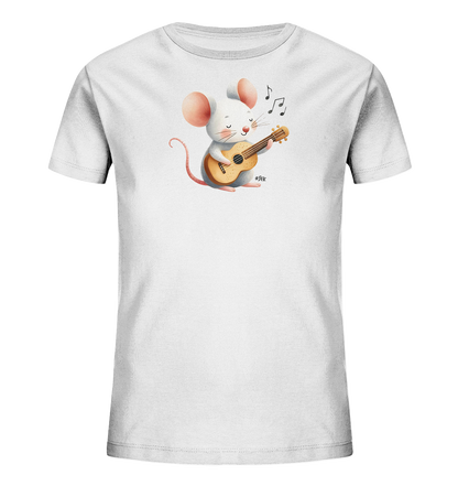 Onlineshop Shirts für Kinder - Das Bild zeigt ein weißes T-Shirt für Kinder, bedruckt mit einer niedlichen Cartoon-Illustration einer weißen Maus. Die Maus sitzt aufrecht und spielt lächelnd auf einer kleinen Ukulele. Über der Maus schweben musikalische Noten, die anzeigen, dass sie musiziert. Das Design ist verspielt und freundlich gestaltet, passend für ein Kinder-Shirt.