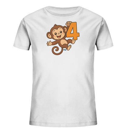 Onlineshop Shirts fuer Kinder - Das Bild zeigt ein weisses Kinder-T-Shirt mit einem niedlichen Affenmotiv auf der Vorderseite. Ein froehlicher Cartoon-Affe haelt die Zahl vier fest in seinen Haenden. Das Design wirkt lustig und ansprechend. Es ist ein einfacher, neutraler Druck fuer Kinder.