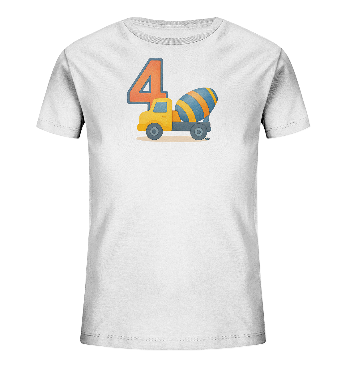 Onlineshop Shirts fuer Kinder - Das Bild zeigt ein weisses T-Shirt fuer Kinder mit einem farbenfrohen Aufdruck. Zentral auf der Vorderseite ist die grosse Zahl '4' in Orange abgebildet. Daneben befindet sich ein Cartoon-Motiv eines gelben Betonmischers mit einer blau-orange gestreiften Trommel. Das Design ist kindgerecht und verspielt gestaltet.