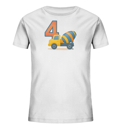 Onlineshop Shirts fuer Kinder - Das Bild zeigt ein weisses T-Shirt fuer Kinder mit einem farbenfrohen Aufdruck. Zentral auf der Vorderseite ist die grosse Zahl '4' in Orange abgebildet. Daneben befindet sich ein Cartoon-Motiv eines gelben Betonmischers mit einer blau-orange gestreiften Trommel. Das Design ist kindgerecht und verspielt gestaltet.