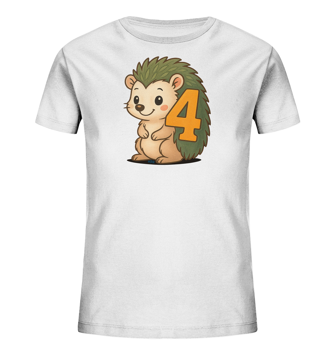 Onlineshop Shirts fuer Kinder - Das Bild zeigt ein weisses Kinder-T-Shirt mit einer niedlichen Grafik eines Igels auf der Vorderseite. Der Igel sitzt und laechelt freundlich, waehrend die Zahl '4' in Orange in seine gruenen Stacheln integriert ist. Das Design wirkt kindgerecht und froehlich.
