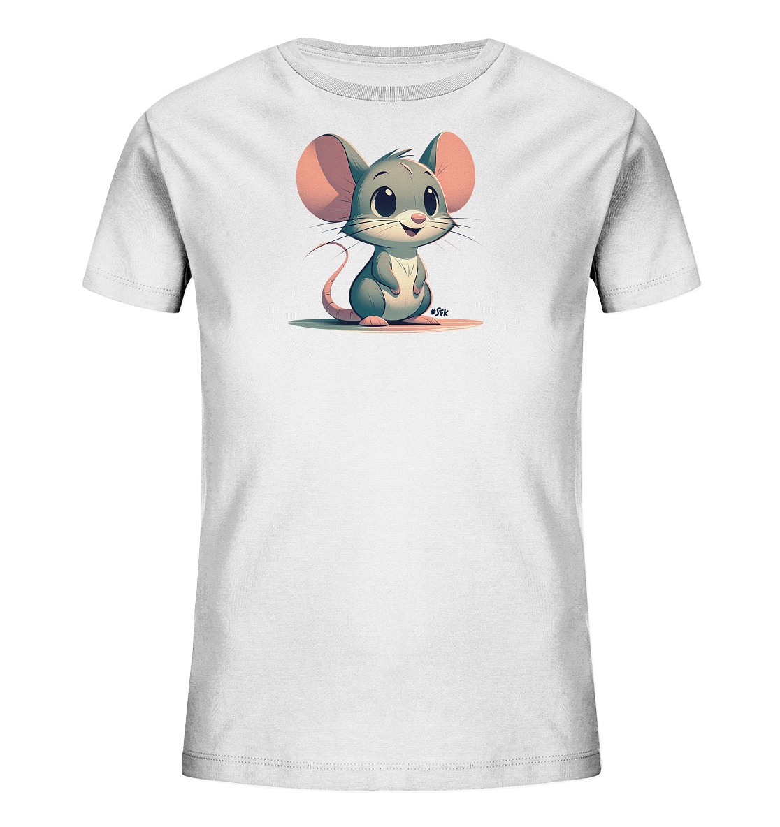 Onlineshop Shirts fuer Kinder - Das Bild zeigt ein weisses T-Shirt fuer Kinder mit einer niedlichen Cartoon-Illustration einer Maus auf der Vorderseite. Die Maus hat ein freundliches, laechelndes Gesicht und grosse rosa Ohren. Sie sitzt aufrecht dargestellt im Zentrum des Shirts. Das schlichte Design fokussiert auf die charmante Tiergrafik.