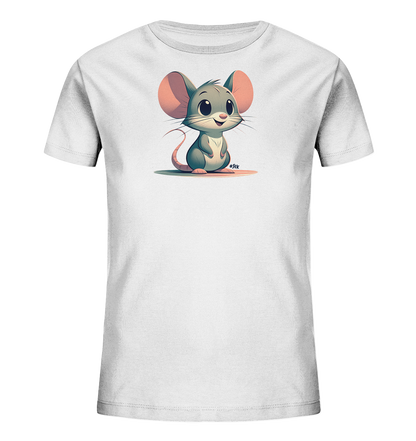 Onlineshop Shirts fuer Kinder - Das Bild zeigt ein weisses T-Shirt fuer Kinder mit einer niedlichen Cartoon-Illustration einer Maus auf der Vorderseite. Die Maus hat ein freundliches, laechelndes Gesicht und grosse rosa Ohren. Sie sitzt aufrecht dargestellt im Zentrum des Shirts. Das schlichte Design fokussiert auf die charmante Tiergrafik.