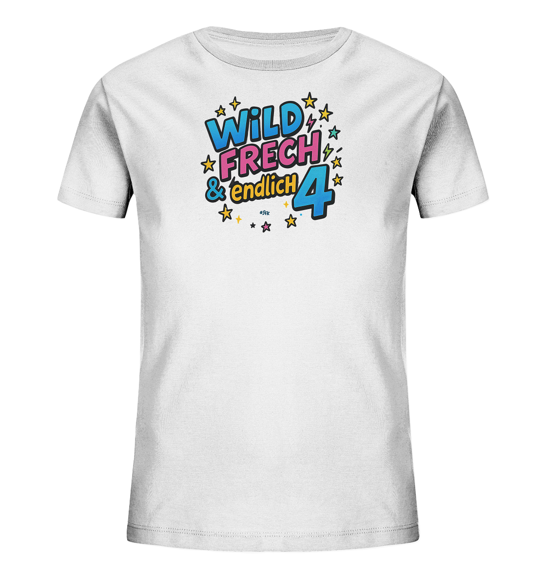 Onlineshop Shirts fuer Kinder - Das Bild zeigt ein weisses T-Shirt fuer Kinder mit einem bunten Aufdruck in Comic-Stil. Der Text auf dem Shirt lautet 'WILD FRECH & endlich 4'. Das Design ist von Sternen und Blitzen umgeben und verwendet leuchtende Farben wie Blau, Pink und Gelb.