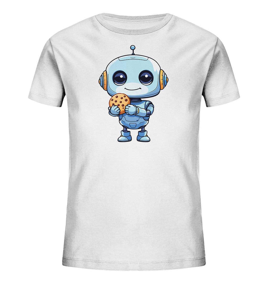Onlineshop Shirts für Kinder - Das Bild zeigt ein weißes Kinder-T-Shirt, das flach ausgelegt präsentiert wird. Auf der Vorderseite des Shirts ist eine niedliche Cartoon-Illustration eines Roboters zu sehen. Der Roboter ist blau, hat große runde Augen, ein freundliches Lächeln und eine Antenne auf dem Kopf sowie orangefarbene Akzente an den Ohren. Er hält mit seinen Händen einen braunen Keks mit Schokoladenstückchen. Das Design ist zentral auf dem Shirt platziert und wirkt kindgerecht.
