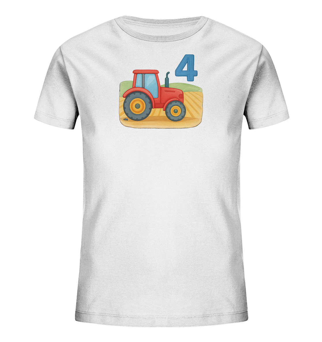 Onlineshop Shirts fuer Kinder - Das Bild praesentiert ein weisses T-Shirt fuer Kinder. Es zeigt eine farbige Illustration eines roten Traktors auf einem Feld. Über dem Traktor ist deutlich die blaue Zahl '4' zu sehen. Das Motiv wirkt freundlich und ist kindgerecht gestaltet.