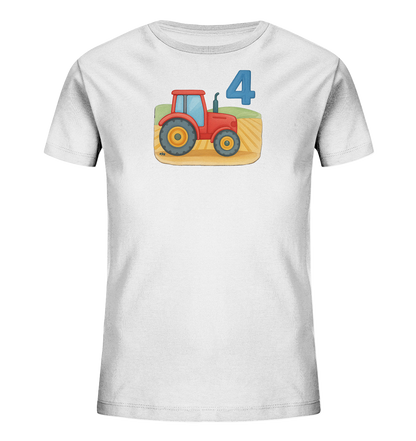 Onlineshop Shirts fuer Kinder - Das Bild praesentiert ein weisses T-Shirt fuer Kinder. Es zeigt eine farbige Illustration eines roten Traktors auf einem Feld. Über dem Traktor ist deutlich die blaue Zahl '4' zu sehen. Das Motiv wirkt freundlich und ist kindgerecht gestaltet.