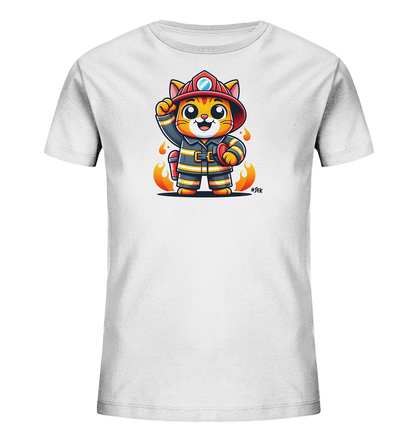 Kinder T-Shirt mit eine winkende Cartoon-Katze als Feuerwehrfigur mit Helm und Uniform