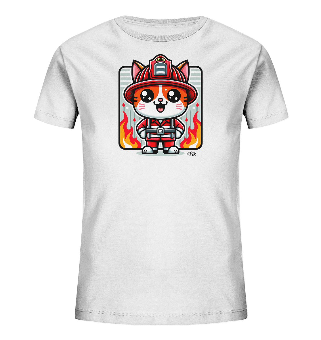 Onlineshop Shirts fuer Kinder - Das Bild zeigt ein weisses T-Shirt mit einer niedlichen Cartoon-Grafik einer Katze. Die Katze ist als Feuerwehrmann gekleidet und traegt einen roten Helm sowie eine rote Uniform. Hinter der Katze ist ein rechteckiger Hintergrund mit grauen Streifen und stilisierten Flammen an den Seiten abgebildet. Das Design wirkt freundlich und verspielt.