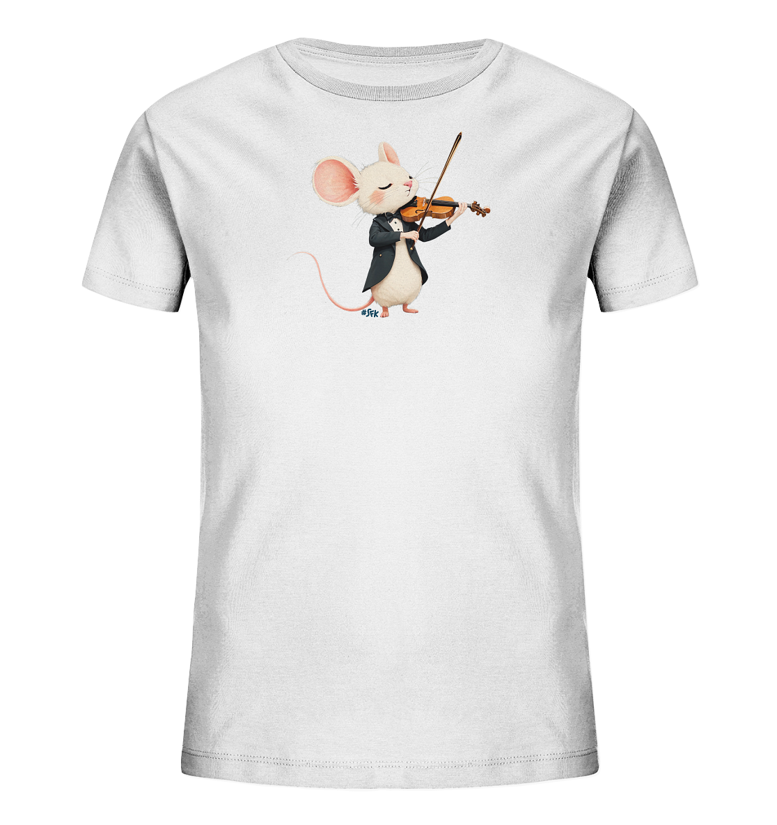 Onlineshop Shirts fuer Kinder - Das Bild zeigt ein weisses Kinder-T-Shirt mit einem charmanten Motiv einer Maus. Die Maus traegt einen dunklen Anzug und spielt konzentriert auf einer Geige. Ihr Ausdruck wirkt friedlich, waehrend sie musiziert. Dieses verspielte Design verleiht dem T-Shirt einen einzigartigen und kuenstlerischen Charakter.