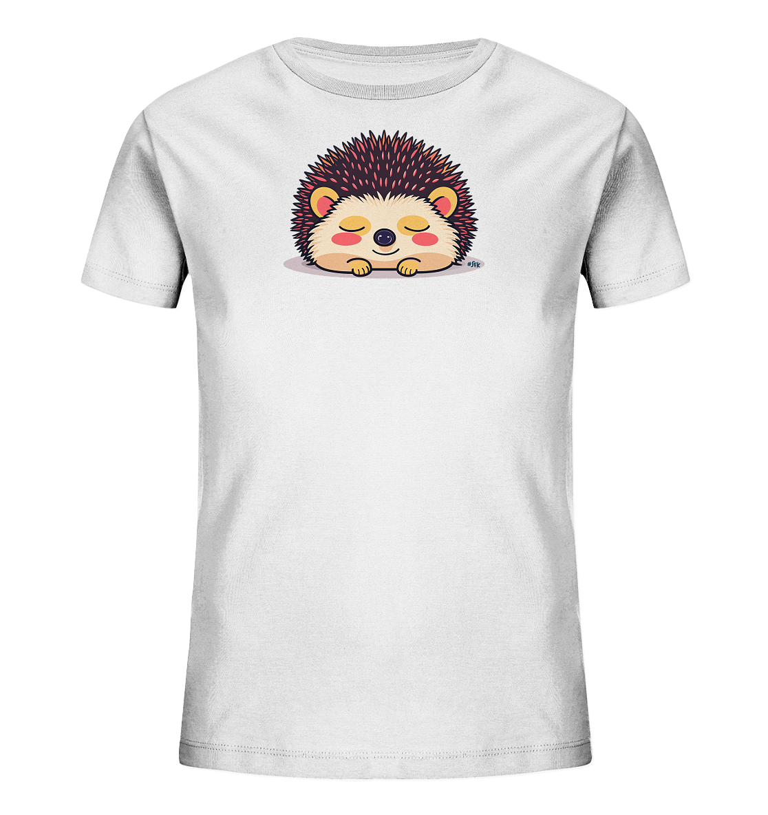 Onlineshop Shirts fuer Kinder - Das Bild zeigt ein weisses Kinder-T-Shirt mit einem niedlichen, schlafenden Igelmotiv auf der Vorderseite. Der Igel hat braune Stacheln, gelbe Ohren und sanft geschlossene Augen mit roten Wangen. Er liegt friedlich da und strahlt eine ruhige Atmosphaere aus. Das Design ist einfach und ansprechend fuer Kinder.