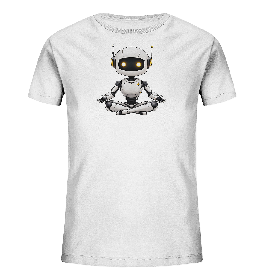 Onlineshop Shirts für Kinder - Das Bild zeigt ein weißes Kinder-T-Shirt, auf dessen Vorderseite eine Illustration eines Roboters zu sehen ist. Der Roboter sitzt im Schneidersitz in einer Meditationspose. Er hat einen weißen Körper mit grauen und schwarzen Akzenten, sowie große, leuchtende Augen und Antennen. Dieses Design verleiht dem Shirt einen modernen und zugleich entspannten Look, passend für verschiedene Anlässe.