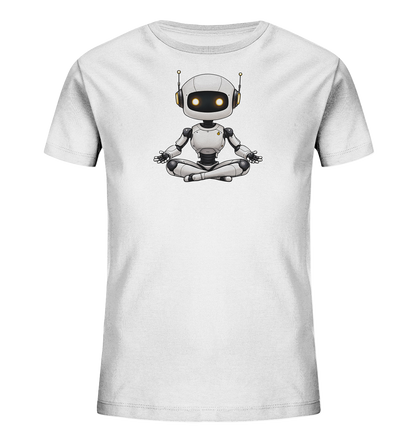 Onlineshop Shirts für Kinder - Das Bild zeigt ein weißes Kinder-T-Shirt, auf dessen Vorderseite eine Illustration eines Roboters zu sehen ist. Der Roboter sitzt im Schneidersitz in einer Meditationspose. Er hat einen weißen Körper mit grauen und schwarzen Akzenten, sowie große, leuchtende Augen und Antennen. Dieses Design verleiht dem Shirt einen modernen und zugleich entspannten Look, passend für verschiedene Anlässe.