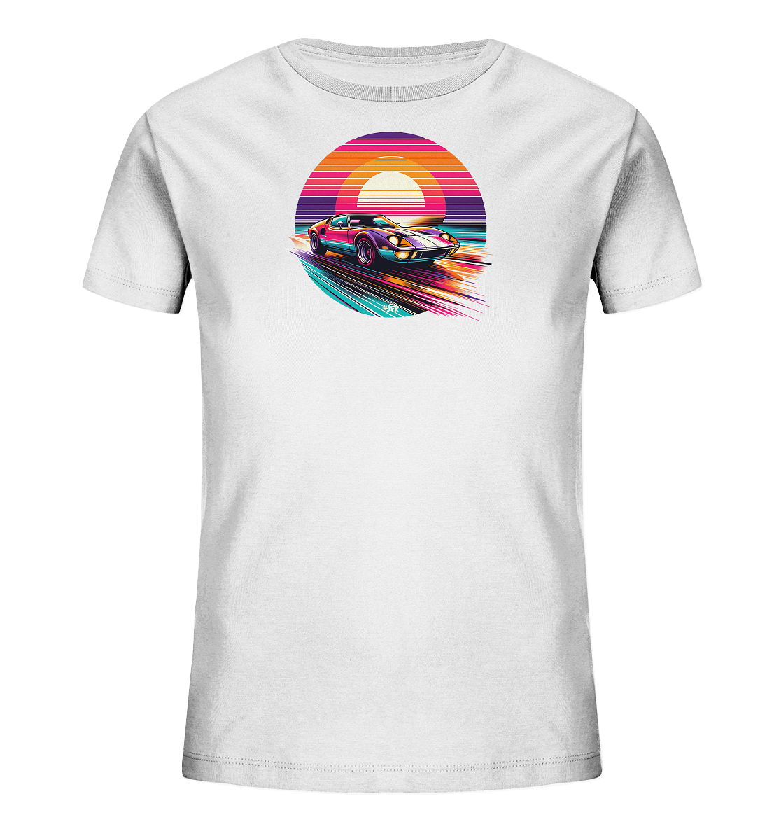 Kinder T-Shirt mit ein farbiger Sportwagen vor einer gestreiften Retro-Sonne