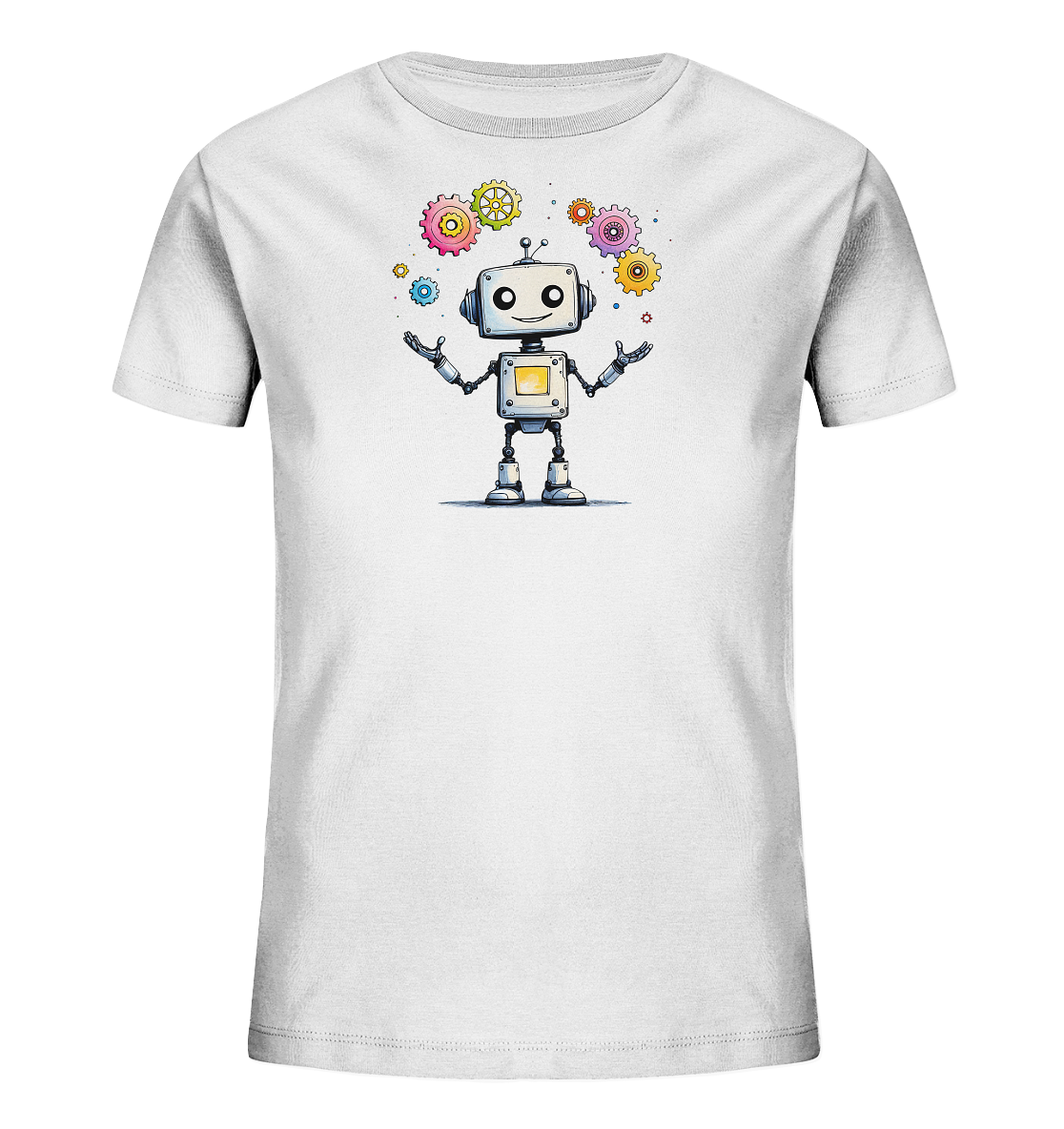 Onlineshop Shirts für Kinder - Das Bild zeigt ein weißes T-Shirt, das speziell für Kinder entworfen wurde. Auf der Vorderseite ist eine farbenfrohe Illustration eines freundlichen, cartoonartigen Roboters abgebildet. Der weiße Roboter hat ein lächelndes Gesicht und hält seine Arme leicht erhoben. Um den Kopf des Roboters herum schweben mehrere bunte Zahnräder und kleine Punkte in verschiedenen leuchtenden Farben, was dem Design eine spielerische und technisch inspirierte Note verleiht.