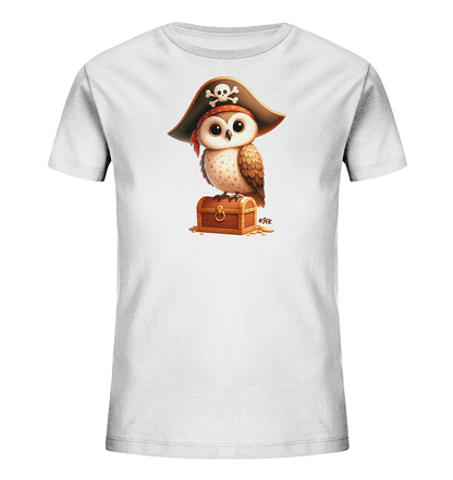 Onlineshop Shirts fuer Kinder - Das T-Shirt zeigt eine Illustration einer niedlichen Eule in Piratenaufmachung. Die Eule traegt einen Piratenhut und sitzt auf einer Schatzkiste, umgeben von goldenen Muenzen. Dieses detailreiche Motiv verleiht dem Shirt einen abenteuerlichen und froehlichen Charakter. Es ist ein ansprechendes Design fuer Kinder.