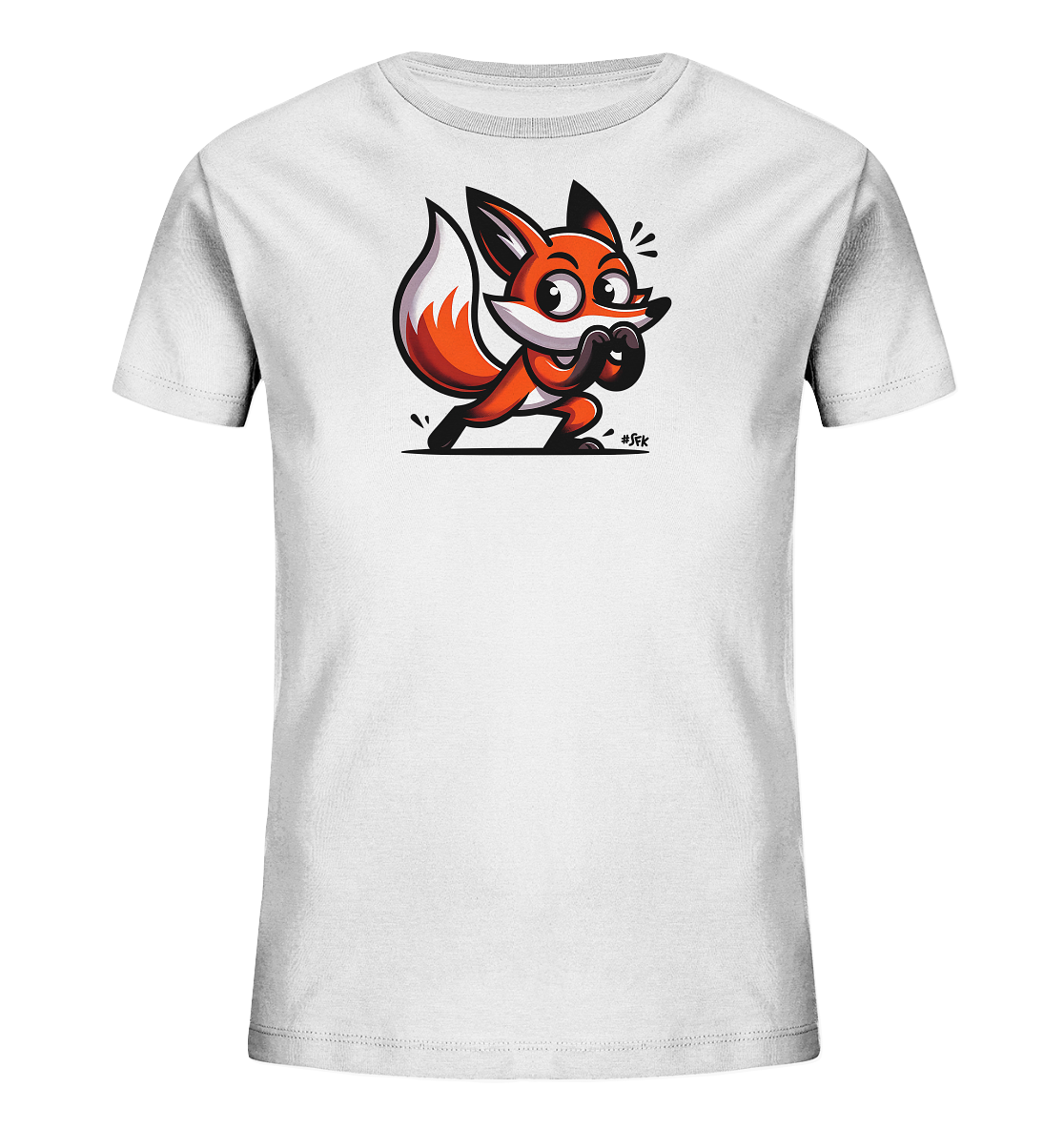 Onlineshop Shirts fuer Kinder - Das Bild zeigt ein weisses Kinder-T-Shirt mit einer lustigen Fuchs-Illustration auf der Vorderseite. Der cartoonhafte Fuchs ist in einer kauernden Pose dargestellt und hat grosse, ausdrucksstarke Augen sowie verspielt gehaltene Pfoten. Das Design wirkt dynamisch und froehlich, perfekt fuer ein Kinderoutfit.