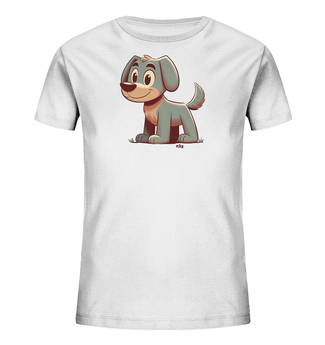 Onlineshop Shirts fuer Kinder - Das Bild zeigt ein weisses T-Shirt fuer Kinder mit einer niedlichen Illustration auf der Vorderseite. Das Motiv stellt einen sitzenden, grauen Hund im Cartoon-Stil dar. Der Hund hat einen freundlichen Ausdruck und sitzt auf stilisiertem Gras. Es ist ein simples, aber charmantes Design.