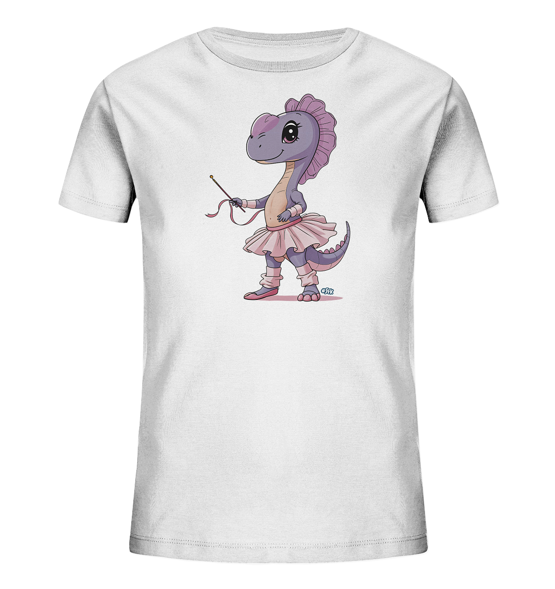 Onlineshop Shirts fuer Kinder - Das Bild zeigt ein weisses Kinder-T-Shirt mit einem niedlichen, farbenfrohen Druck. Abgebildet ist ein lila Dinosaurier, der ein rosa Ballett-Outfit traegt und eine Zauberstab haelt. Das Design ist im Cartoon-Stil gehalten und wirkt verspielt. Es ist eine charmante Illustration, die Kinder ansprechen duerfte.