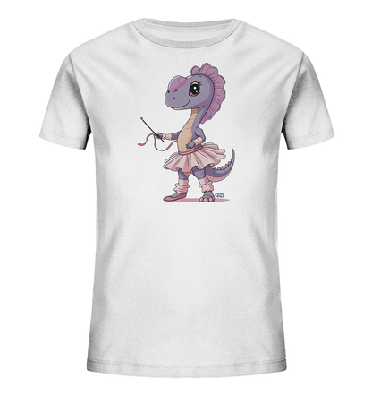 Onlineshop Shirts fuer Kinder - Das Bild zeigt ein weisses Kinder-T-Shirt mit einem niedlichen, farbenfrohen Druck. Abgebildet ist ein lila Dinosaurier, der ein rosa Ballett-Outfit traegt und eine Zauberstab haelt. Das Design ist im Cartoon-Stil gehalten und wirkt verspielt. Es ist eine charmante Illustration, die Kinder ansprechen duerfte.