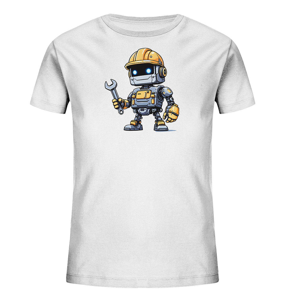 Onlineshop Shirts für Kinder - Das Bild zeigt ein weißes Kinder-T-Shirt mit einem farbigen Druck auf der Vorderseite. Abgebildet ist ein cartoonartiger Roboter, der einen gelben Bauhelm und passende Handschuhe trägt. Der Roboter hat blaue leuchtende Augen und hält einen silbernen Schraubenschlüssel in seiner rechten Hand. Die Illustration ist detailliert und zeigt den freundlich wirkenden Roboter in aufrechter Position.