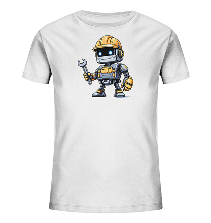 Onlineshop Shirts für Kinder - Das Bild zeigt ein weißes Kinder-T-Shirt mit einem farbigen Druck auf der Vorderseite. Abgebildet ist ein cartoonartiger Roboter, der einen gelben Bauhelm und passende Handschuhe trägt. Der Roboter hat blaue leuchtende Augen und hält einen silbernen Schraubenschlüssel in seiner rechten Hand. Die Illustration ist detailliert und zeigt den freundlich wirkenden Roboter in aufrechter Position.