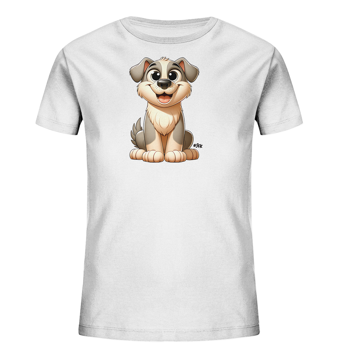 Onlineshop Shirts fuer Kinder - Das Bild zeigt ein weisses Kinder-T-Shirt mit einem niedlichen Comic-Hund auf der Vorderseite. Der Hund hat grau-beiges Fell, sitzt aufrecht und blickt freundlich nach vorne. Er hat grosse, runde Augen und ein breites Laecheln. Das Design ist kindgerecht und ansprechend gestaltet.
