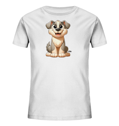 Onlineshop Shirts fuer Kinder - Das Bild zeigt ein weisses Kinder-T-Shirt mit einem niedlichen Comic-Hund auf der Vorderseite. Der Hund hat grau-beiges Fell, sitzt aufrecht und blickt freundlich nach vorne. Er hat grosse, runde Augen und ein breites Laecheln. Das Design ist kindgerecht und ansprechend gestaltet.