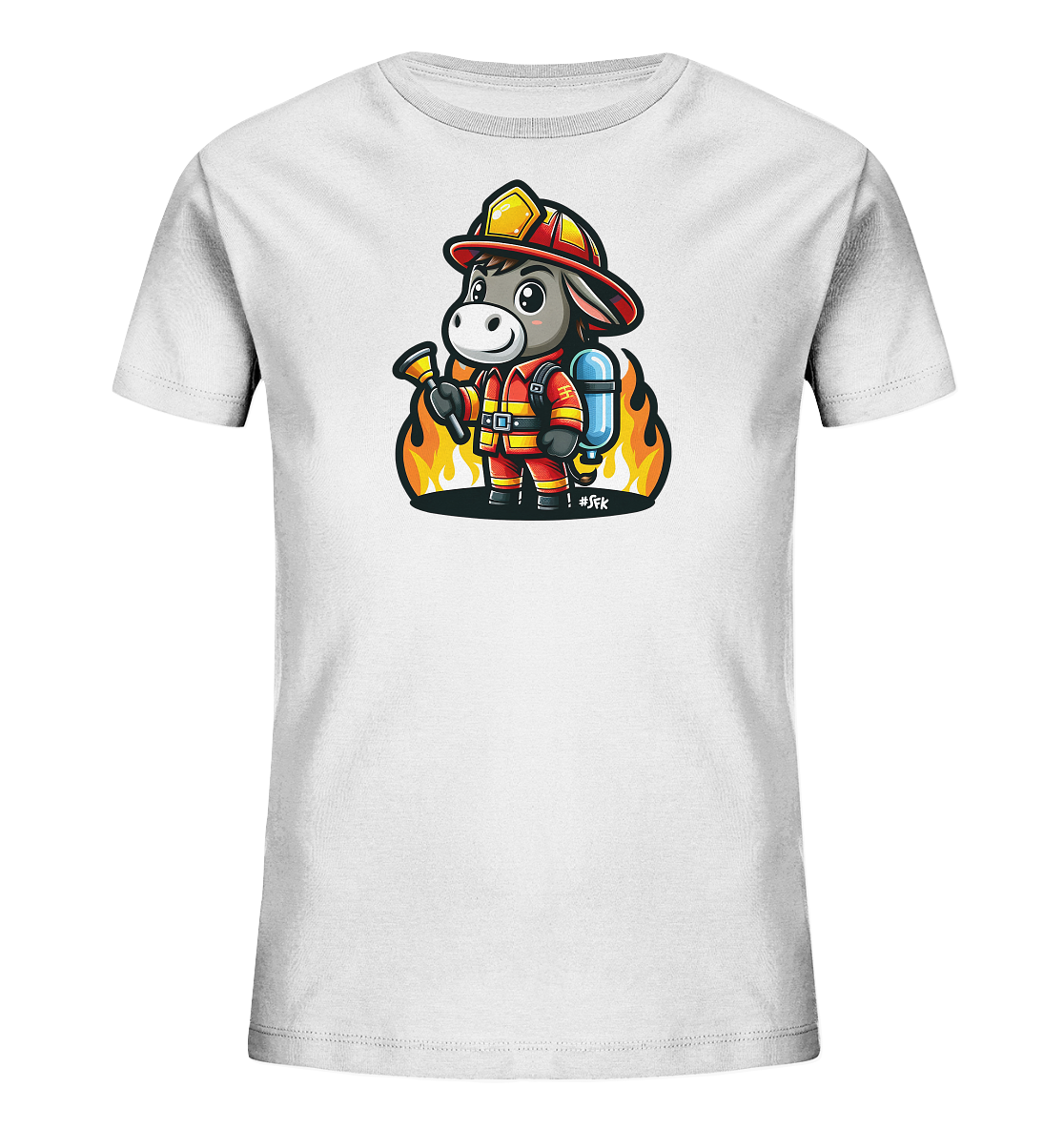 Kinder T-Shirt mit ein freundlicher Esel als Feuerwehrmann mit Helm, Anzug und Schlauch