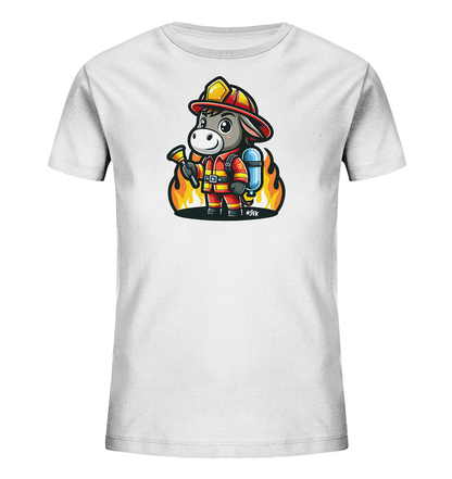 Kinder T-Shirt mit ein freundlicher Esel als Feuerwehrmann mit Helm, Anzug und Schlauch