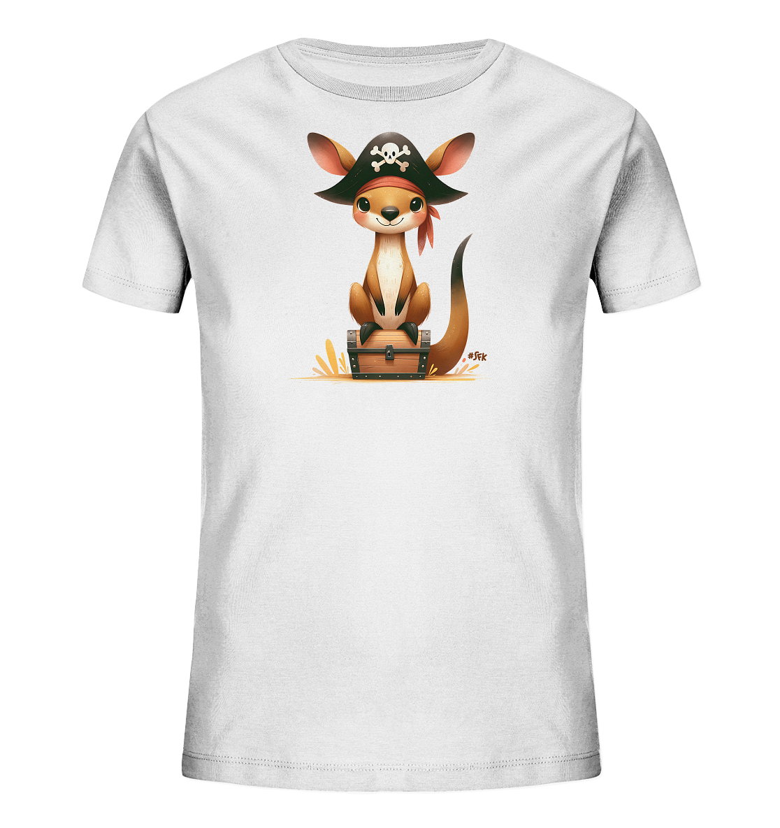 Onlineshop Shirts fuer Kinder - Das Bild zeigt ein weisses Kinder-T-Shirt mit einem niedlichen Motiv auf der Vorderseite. Darauf sitzt ein cartoonartiges Kaenguru, das als Pirat verkleidet ist, auf einer Schatztruhe. Es traegt einen Piratenhut mit Totenkopf und ein rotes Bandana. Das Design wirkt verspielt und ansprechend.
