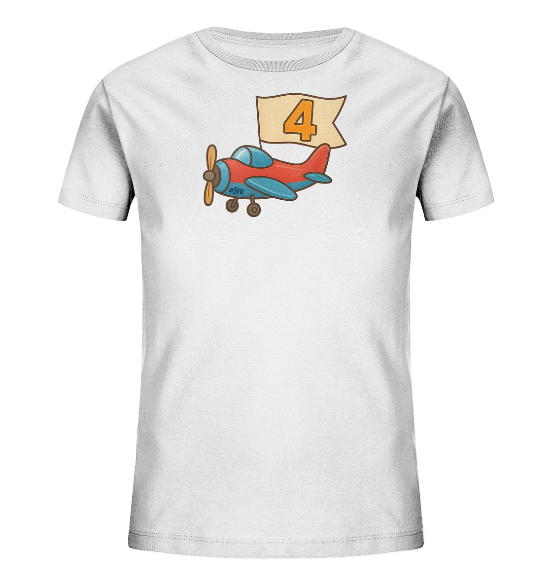 Onlineshop Shirts fuer Kinder - Das Bild zeigt ein weisses T-Shirt mit einem farbenfrohen Flugzeugmotiv. Das Flugzeug ist rot und blau lackiert und zieht ein beiges Banner hinter sich her. Auf dem Banner ist die Zahl 4 in orangefarbener Schrift zu sehen. Dieses Design ist verspielt und eignet sich gut fuer Kinder.