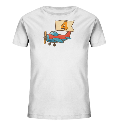 Kinder T-Shirt mit rotem und blauem Flugzeug, Banner und Zahl 4