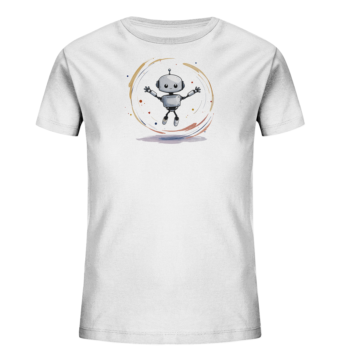 Onlineshop Shirts für Kinder - Das Bild zeigt ein weißes T-Shirt für Kinder, auf dessen Vorderseite ein spielerisches Motiv abgebildet ist. Im Zentrum befindet sich die Illustration eines kleinen, silberfarbenen Roboters mit ausgestreckten Armen und Beinen, der zu springen oder zu schweben scheint. Um den Roboter herum ist ein abstrakter, kreisförmiger Farbspritzer-Hintergrund in verschiedenen Tönen wie Braun, Rot und Blau zu sehen. Das Design wirkt fröhlich und dynamisch, ideal für ein Kinderoutfit.