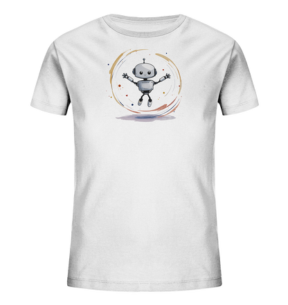 Onlineshop Shirts für Kinder - Das Bild zeigt ein weißes T-Shirt für Kinder, auf dessen Vorderseite ein spielerisches Motiv abgebildet ist. Im Zentrum befindet sich die Illustration eines kleinen, silberfarbenen Roboters mit ausgestreckten Armen und Beinen, der zu springen oder zu schweben scheint. Um den Roboter herum ist ein abstrakter, kreisförmiger Farbspritzer-Hintergrund in verschiedenen Tönen wie Braun, Rot und Blau zu sehen. Das Design wirkt fröhlich und dynamisch, ideal für ein Kinderoutfit.