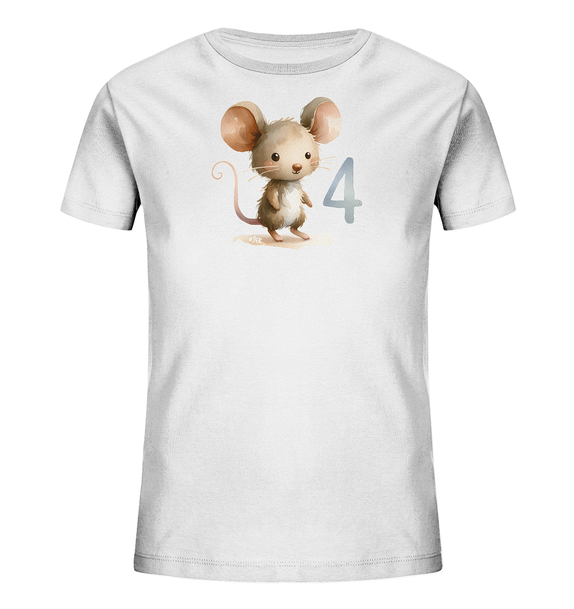 Onlineshop Shirts fuer Kinder - Das Bild zeigt ein weisses Kinder-T-Shirt mit einem niedlichen Druckmotiv. Auf der Vorderseite ist eine kleine braune Maus mit grossen Ohren abgebildet, die aufrecht steht und laechelt. Neben der Maus befindet sich eine grosse Zahl '4' in einem hellblauen Farbton. Das Design wirkt freundlich und verspielt.