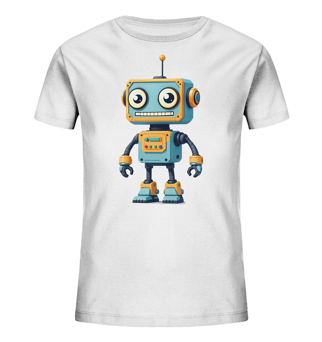 Onlineshop Shirts für Kinder - Das Bild zeigt ein weisses kurzärmeliges T-Shirt für Kinder. Auf der Vorderseite ist eine farbenfrohe Illustration eines freundlichen Roboters zu sehen. Der Roboter hat einen hellblauen Körper mit orangen und grauen Details, grosse runde Augen und ein breites Lächeln. Auf seinem Rumpf befindet sich ein kleines Bedienfeld mit farbigen Elementen, und er hat eine Antenne auf dem Kopf. Das Motiv wirkt spielerisch und eignet sich gut für Kinder.